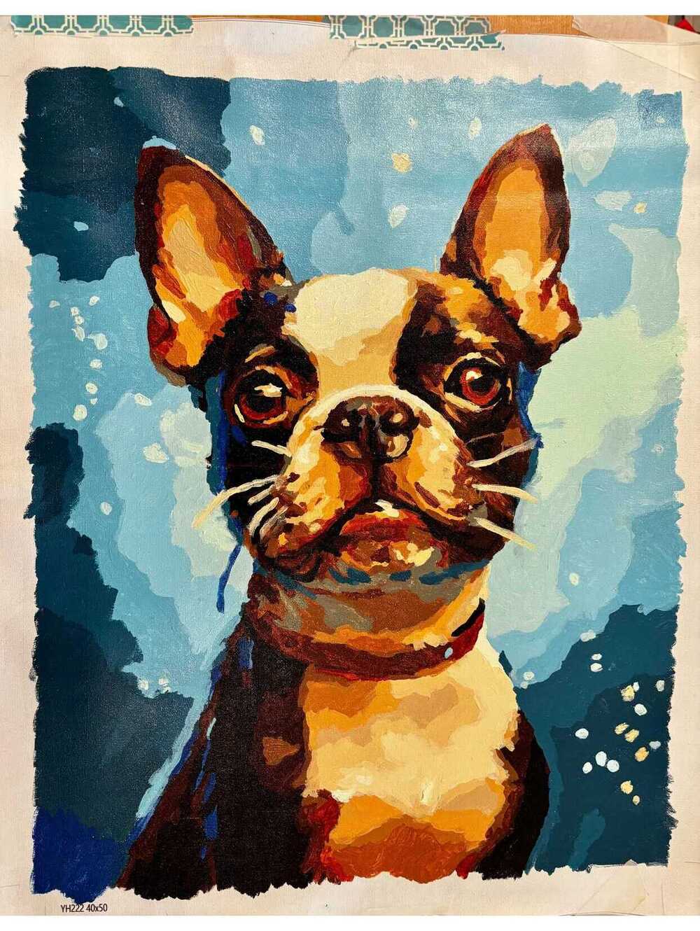 Boston Terrier on his way to Dunkin completed paint by numbers